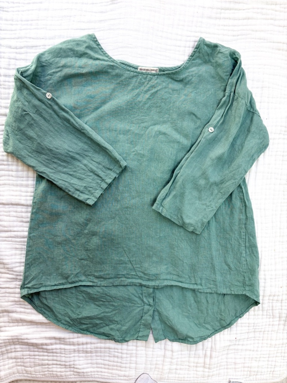 Italian Linen Blouse Green Button Back Top Relaxed Boho S